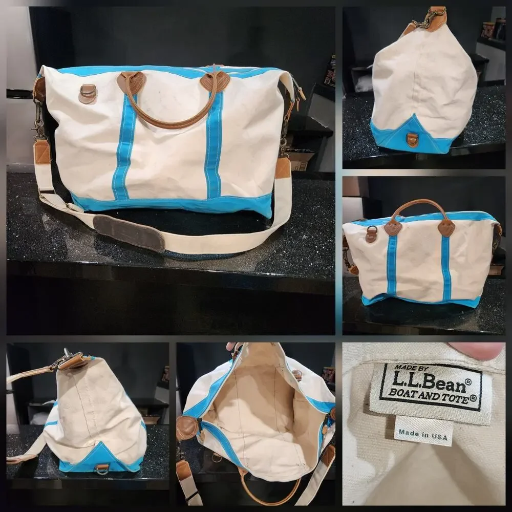 VTG LL Bean Boat & Tote Leather Handles Canvas Weekender Duffle Zip Strap Bag XL